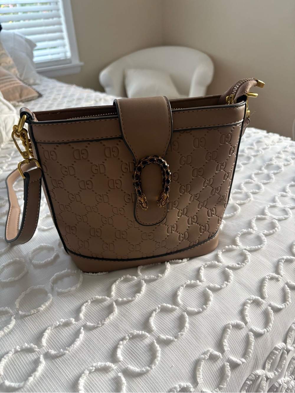 Taupe Women's Shoulder Bag with Gold Hardware